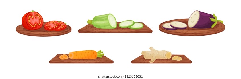 Ripe and Juicy Sliced Vegetables Rested on Cutting Board Vector Set