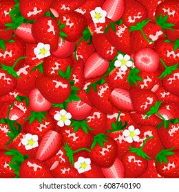 Ripe juicy strawberry background. Vector card illustration. Closely spaced fresh berry peeled, piece of half, slice, flower. Strawberry pattern for packaging design healthy food, diet, juce