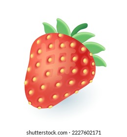 Ripe juicy strawberry with leaves and seeds 3D icon. Sweet natural organic berry ingredient for cooking and eating on vitamin dessert 3D vector illustration on white background. Summer food concept
