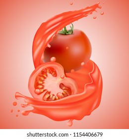 Ripe juicy tomato whole and slice, with splashes of tomato juice. splash of red juice for advertising or packaging. 3d realistic vector illustration