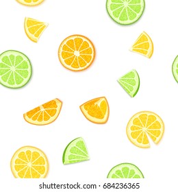 Ripe juicy tropical fruits background. Vector illustration. Fresh citrus lime orange lemon fruit peeled, piece of half, slice. Seamless pattern for packaging design healthy food diet juce, detox, tea