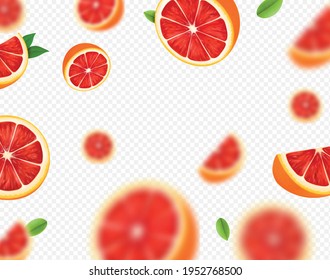 Ripe juicy tropical grapefruit falling on transparent background. . Blurred fresh citrus grapefruit slices. Vector illustration,