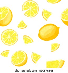 Ripe juicy tropical lemon background. Vector card illustration. Fresh citrus yellow lime fruit peeled, piece of half, slice. Seamless pattern for packaging design healthy food diet juce, detox, tea