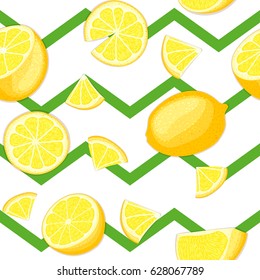 Ripe juicy tropical lemon striped seamless background. Vector card illustration. Fresh citrus yellow lime fruit on green zig zag lines. Seamless pattern for design healthy food diet juce, detox tea