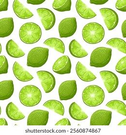 Ripe juicy tropical lime seamless pattern. Vector hand drawn illustration. Whole fresh citrus green lemon fruit, piece of half, slice. Simple ornament for packaging design healthy food, textile