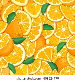 Ripe juicy tropical orange background. Vector card illustration. Closely spaced fresh citrus orange fruit peeled, piece of half, slice. Seamless pattern for packaging design healthy food, diet, juce
