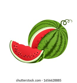 Ripe juicy watermelon with a slice and seeds on a white background. It can be used for illustrations, decoration of various objects and sites.