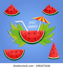 ripe juicy watermelon slices. tropical leaves. straw and cocktail umbrella