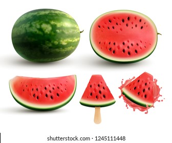 Ripe juicy watermelon whole half quarter segment and bite sized pieces on stick realistic set vector illustration