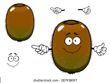 Ripe Kiwi Fruit Cartoon Character With Greenish Brown Fuzzy Skin And Pointing Hand Gesture, For Agriculture Or Fresh Food Design