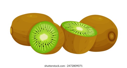 Ripe kiwi fruit and half kiwi fruit isolated on white background. Vector eps 10., perfect for wallpaper or design elements	