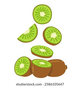 Ripe kiwi fruit and half kiwi fruit isolated on white background. Vector eps 10., perfect for wallpaper or design elements