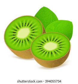 Ripe kiwi fruit with leaf isolated on white background. Realistic vector illustration.
