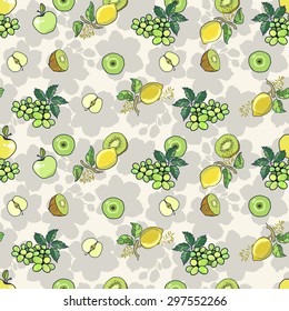 Ripe kiwi fruit, lemon, apple and grapes on a light floral background - vector seamless pattern