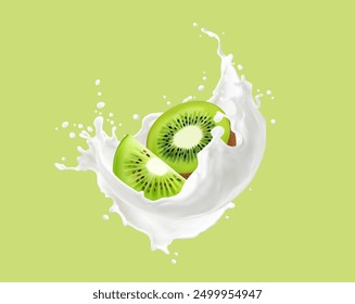 Ripe kiwi fruit with milk cream or yoghurt splash for milky drink or milkshake, realistic vector. Kiwi fruits cut slices falling in milk wave splash for ice cream dessert or tropical flavor yogurt