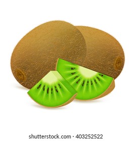 Ripe kiwi fruits with slices isolated on white background. Realistic vector illustration.