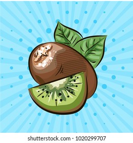 Ripe kiwi on a blue background, lines, points.Hand drawn.Vector illustration.Eco food