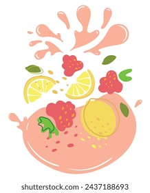 Ripe lemon fruits and raspberries with splashes of juice. Vector illustration of organic fruit juice. Eco label concept for natural lemon and raspberries flavor. Design of vape, juice, smoothie.