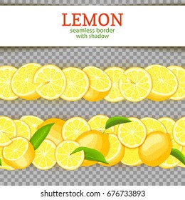 Ripe lemon horizontal seamless borders. Vector illustration card Wide and narrow endless strip with Juicy yellow lime fruits and leaves for design of juice breakfast, healthy eating, detox, cosmetics.