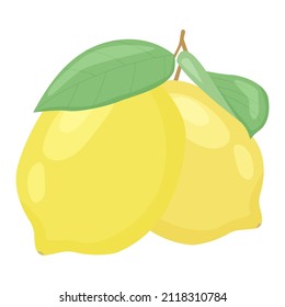Ripe lemon isolated on white background. Illustration of a lemon with leaves. Logo, sticker, print.