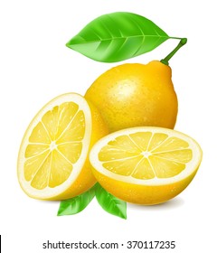 Ripe lemon with leaf and half a lemon. Vector illustration.