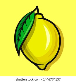 Ripe lemon on branch with green leaf. flat illustration on yellow background