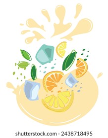 Ripe lemon, orange fruits and mint with ice splashes of juice. Vector illustration of organic fruit juice. Eco label concept for natural orange fruits and mint flavor with ice. For juice and smoothie