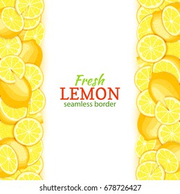 Ripe lemon vertical seamless border. Vector illustration card with composition Juicy fresh yellow lime fruits slice, leaf for design tea, ice cream, natural cosmetics, health care products, detox diet