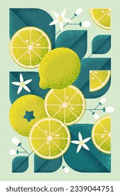 Ripe Lemons with leaves and flowers. Illustration with grain and noise texture. 