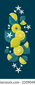 Ripe Lemons with leaves and flowers. Illustration with grain and noise texture. 