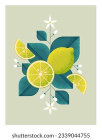 Lemones maduros con hojas y flores. Ilustración con textura de grano y ruido. 