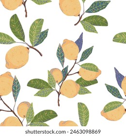 ripe lemons on a branch. endless seamless vector pattern on white background. background for flow, textile, fabric, backdrop.