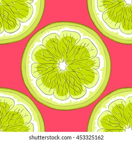 Ripe limes on a red background. Chess order. Seamless image.