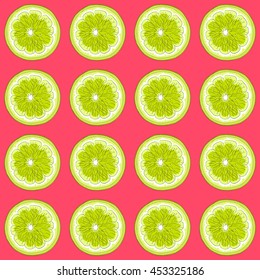 Ripe limes on a red background. The pattern of the rows. Seamless image.