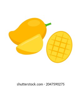 Reife Mango und Schnittstücke, Vektorgrafik einzeln auf weißem Hintergrund