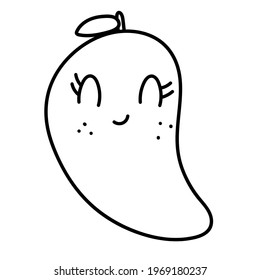 Ripe mango with cute face vector illustration in doodle style.