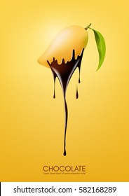 Ripe mango dipped in melting dark chocolate, fruit, fondue recipe concept, transparent, Vector