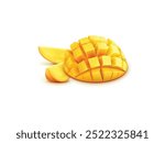 Ripe Mango Fruits Cut Out. Ripe Yellow and Sliced Mango on a White Background. Fruits and Sliced Mango Cut Out on White Background, Fresh Mango Close-up, Tropical Fruit