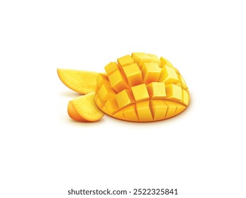 Ripe Mango Fruits Cut Out. Ripe Yellow and Sliced Mango on a White Background. Fruits and Sliced Mango Cut Out on White Background, Fresh Mango Close-up, Tropical Fruit