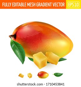 Ripe mango with green leaves and two cubes of pulp.