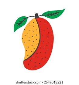 Ripe mango in hand drawn style. Colorful exotic fruit with leaves. Vector illustration
