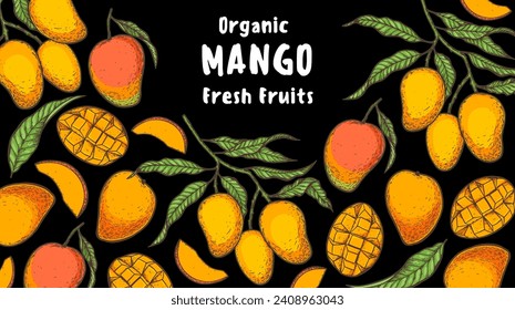 Mango maduro. Ilustración vectorial dibujada a mano. Fruta tropical. Diseño de empaque, diseño de menú, empaque de jugo. Marco de mango.