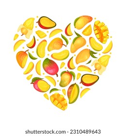 Ripe Mango Heart Shaped Composition Design with Bright Tropical Fruit Vector Template