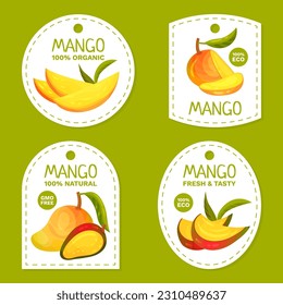 Ripe Mango Label Design with Bright Tropical Fruit Vector Template