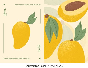 Ripe mango with leaves card template. Sweet mango fruits vector hand drawn poster design. Mango with leaf. Juice or jam poster concept.