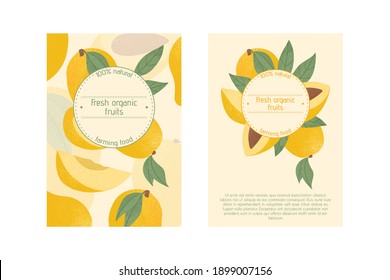 Ripe mango with leaves card template. Sweet mango fruits vector hand drawn poster design. Mango with leaf. Juice or jam poster concept.