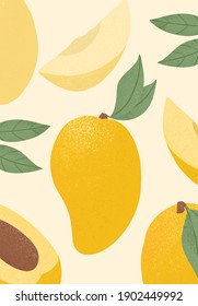 Ripe mango with leaves. Sweet mango fruits vector hand drawn card design. Mango with leaf. Juice or jam poster concept.