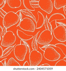 Patrón transparente de mango. Ilustración vectorial dibujada a mano. Fruta tropical. Diseño de empaque, diseño de menú, empaque de jugo. Antecedentes del bosquejo de mango.