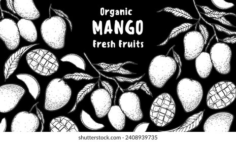 Esbozo de mango maduro. Ilustración vectorial dibujada a mano. Fruta tropical. Diseño de empaque, diseño de menú, empaque de jugo. Marco de mango.
