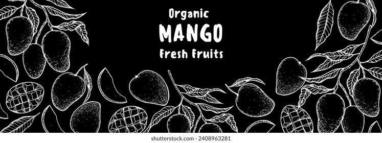 Ripe mango sketch. Hand drawn vector illustration. Tropical fruit. Packaging design, menu design, juice packaging. Mango frame.